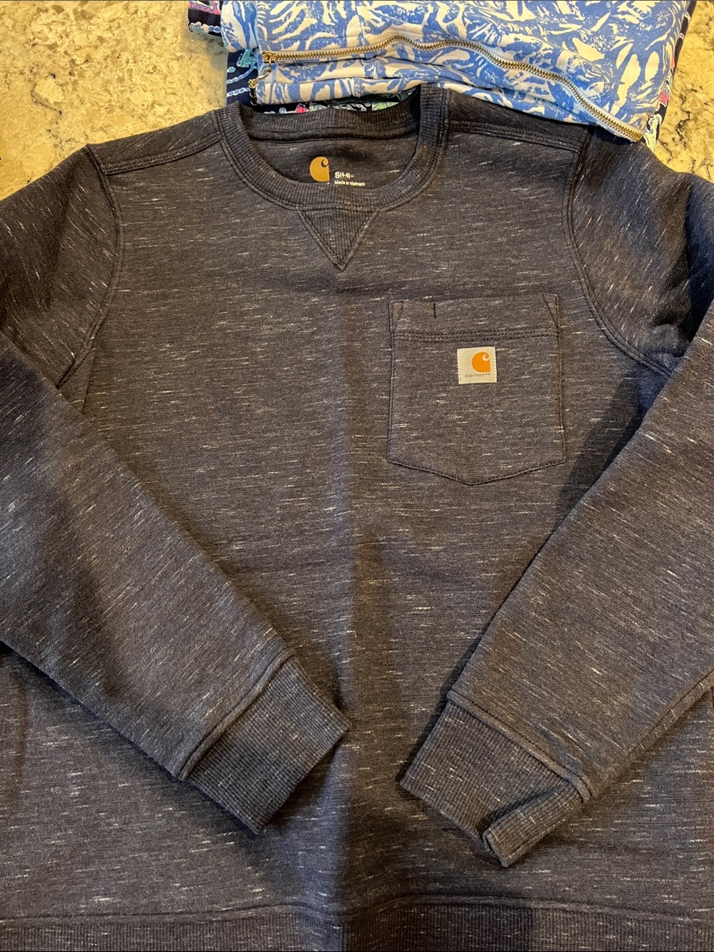 Carhartt Heathered Navy Pullover Sweatshirt with front pocket